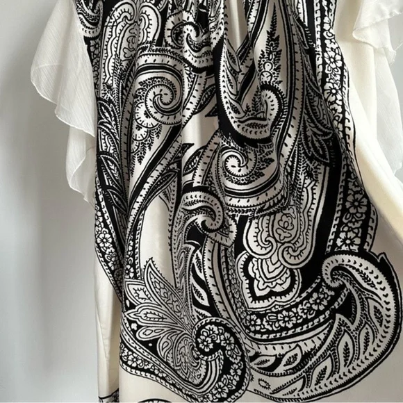 QED London Boho Tunic Top Dress White Black Paisley Flutter Ruffle Sleeves - L - Picture 5 of 14